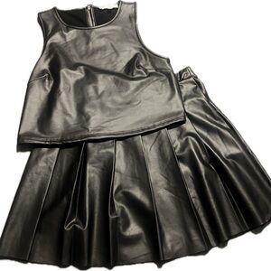 Chic Black Faux Leather Top and Skirt Set